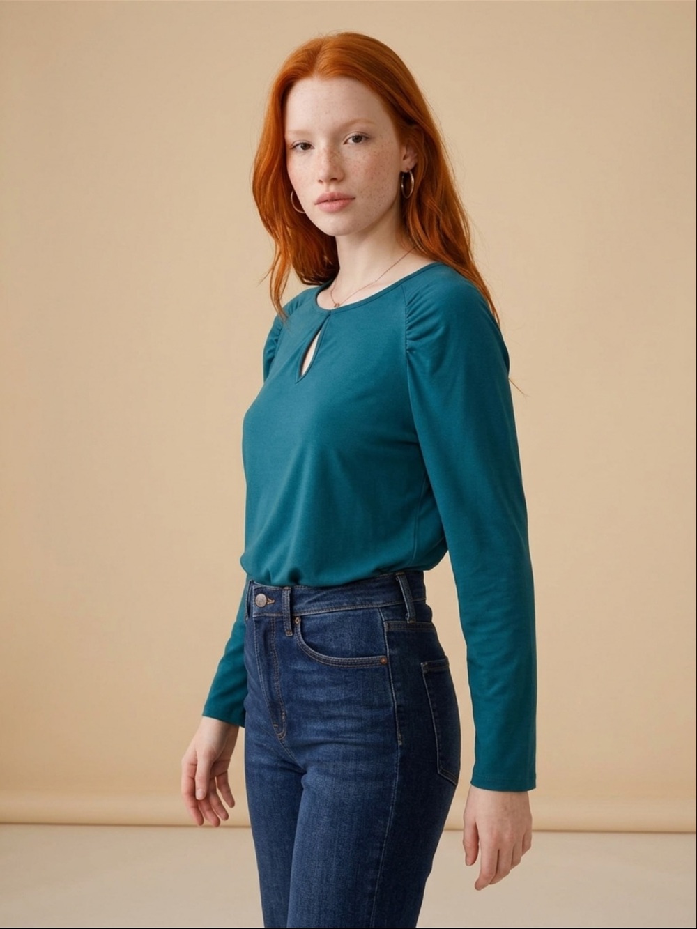 H by Halston Teal Keyhole Ruched Shoulder Long Sleeve Blouse - Size M - Picture 3 of 13